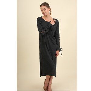 Umgee Gray Lace Up Sleeve Midi  Dress